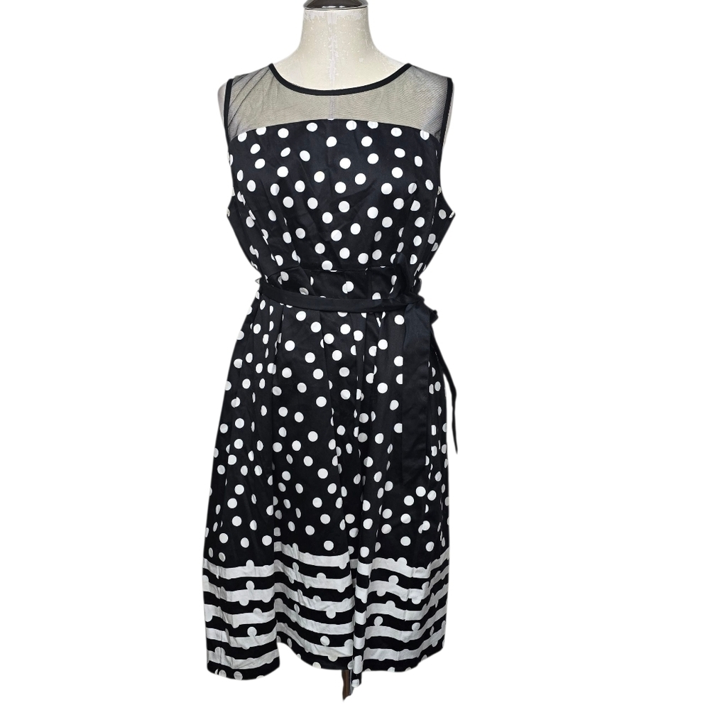 Motherhood Maternity Polka Dot Stripes Black White Mesh Waist Tie Keyhole Dress